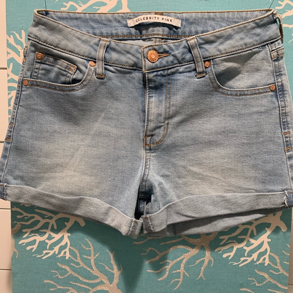 Celebrity Pink, soft blue jean shorts.